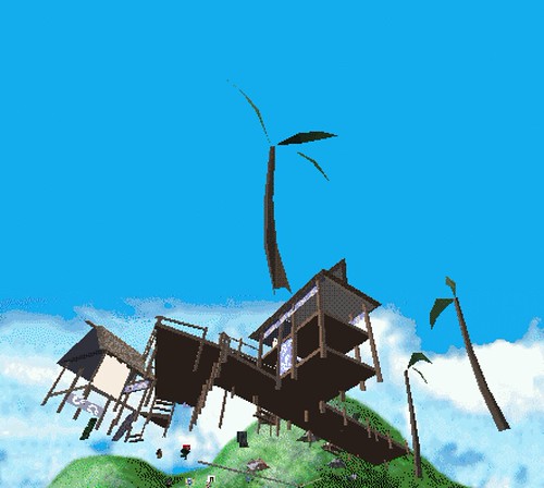 A view beneath the wooden beach structures of MTV Tikkiland in the original Traveler software