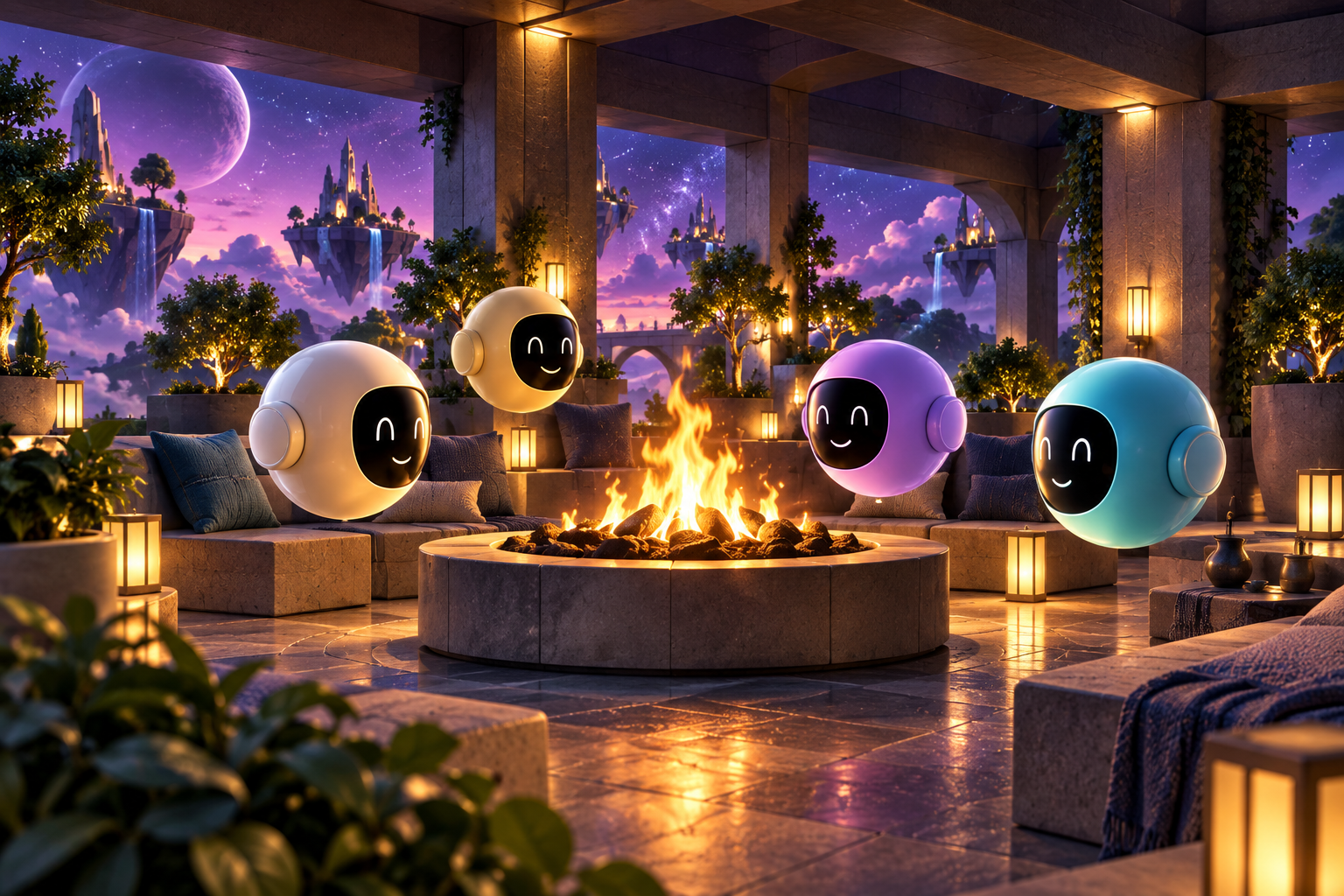 Illustrated floating avatars gathered around a fire